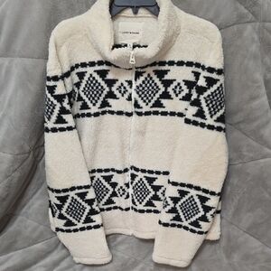 Lucky Brand Cream and Black Patterned Fleece Jacket
